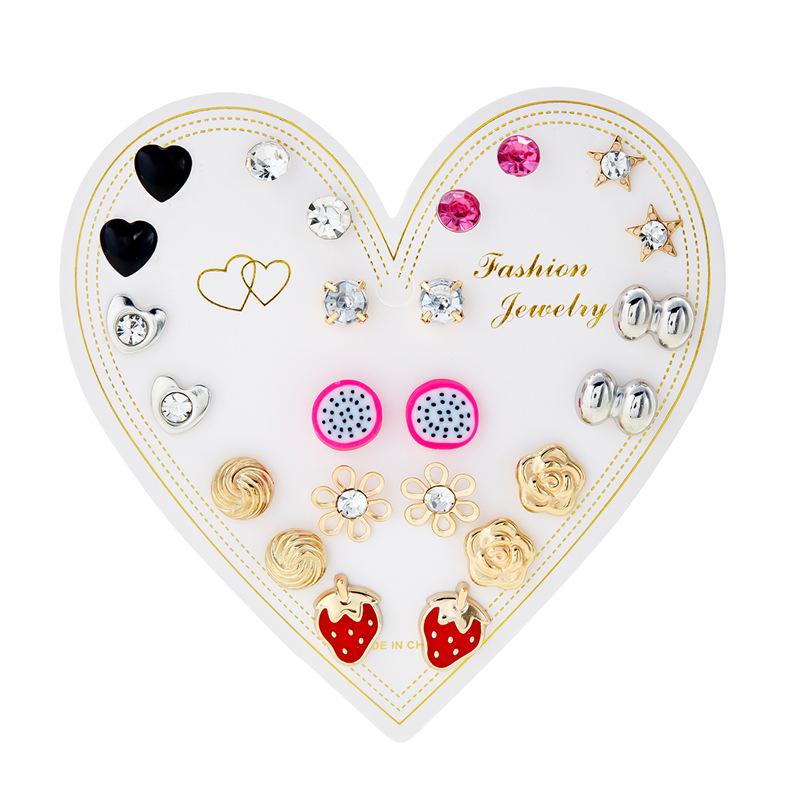 12-Pair Rhinestone Stud Earrings Set: Flower, Heart, Star & Moon Designs