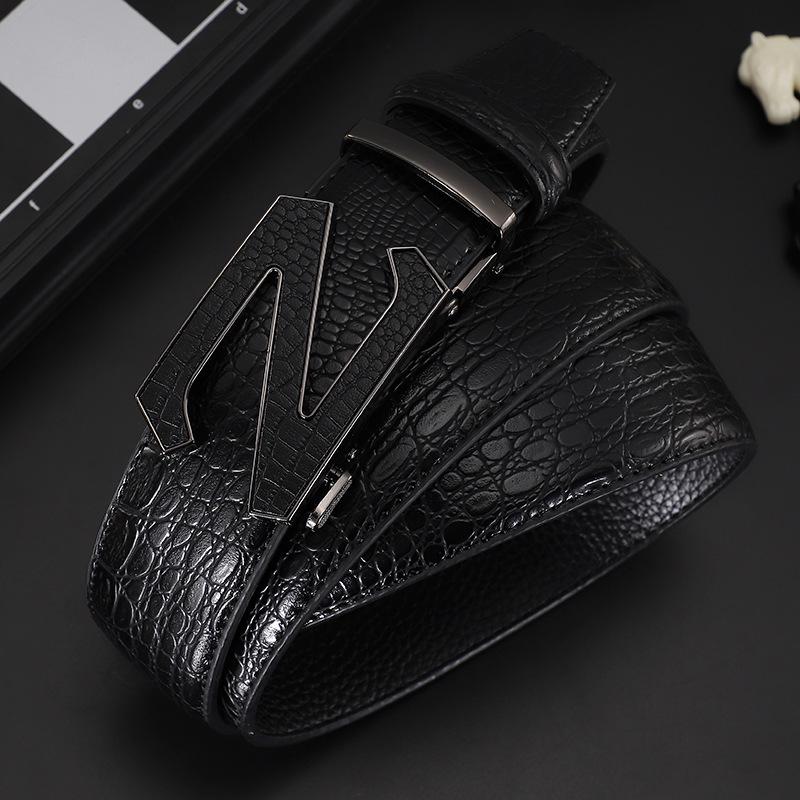 Men's Crocodile Pattern Leather Belt with Automatic Buckle - Fashionable, Versatile, and Casual Waist Accessory for Trousers