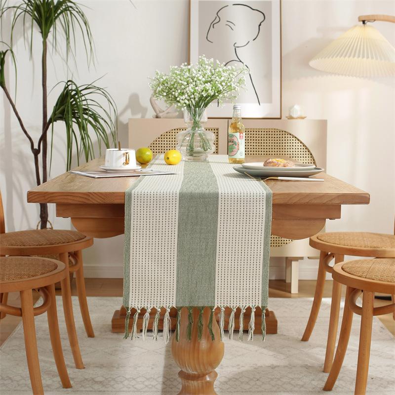 Hand Woven Solid Color Lace Table Runner with Fringe for Farmhouse Christmas Dining Table Decor