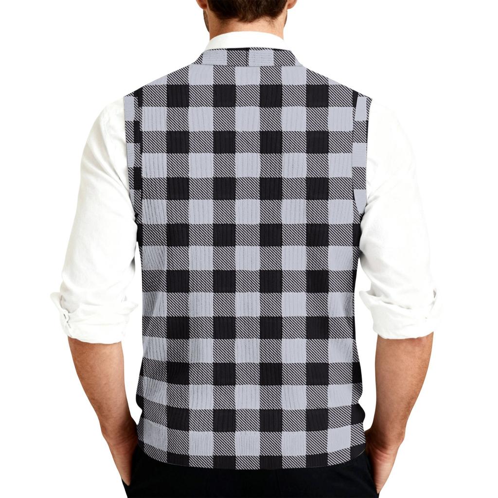 Men's Striped Plaid Print Tank Top Knitted Button,Down Shirt | Sleeveless Casual Button,Up Vest With Collar For Daily & Layering