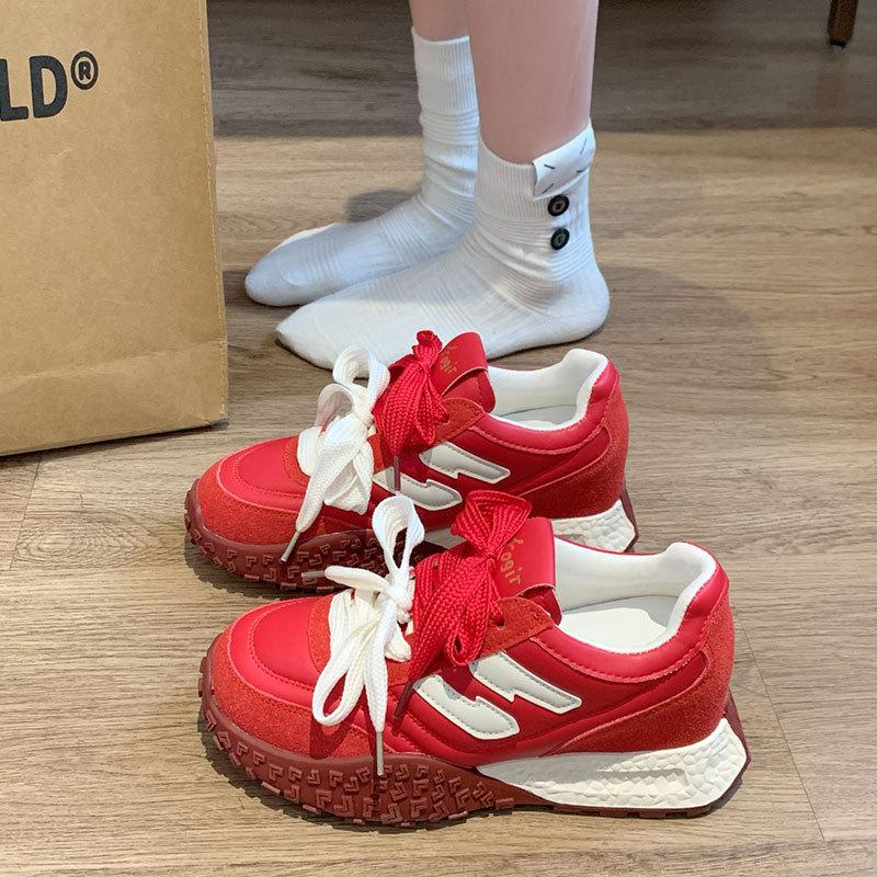 Inner Heightening Platform Forrest Gump Shoes Women's New Running Mountaineering Sports and Leisure Shoes Red and White German Training Shoes Ins