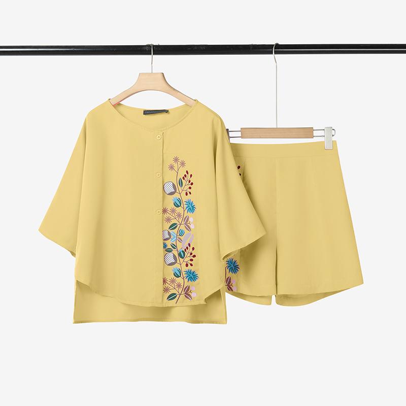 

ZANZEA Женская блузка с коротким рукавом и принтом и шорты, повседневный костюм-двойка 5XL хаки