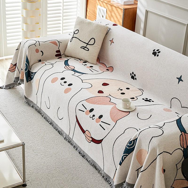 Chenille Sofa Cover 3-Seater Couch Cartoon Style All-Season Dustproof Slipcover Full Wrap Throw Blanket