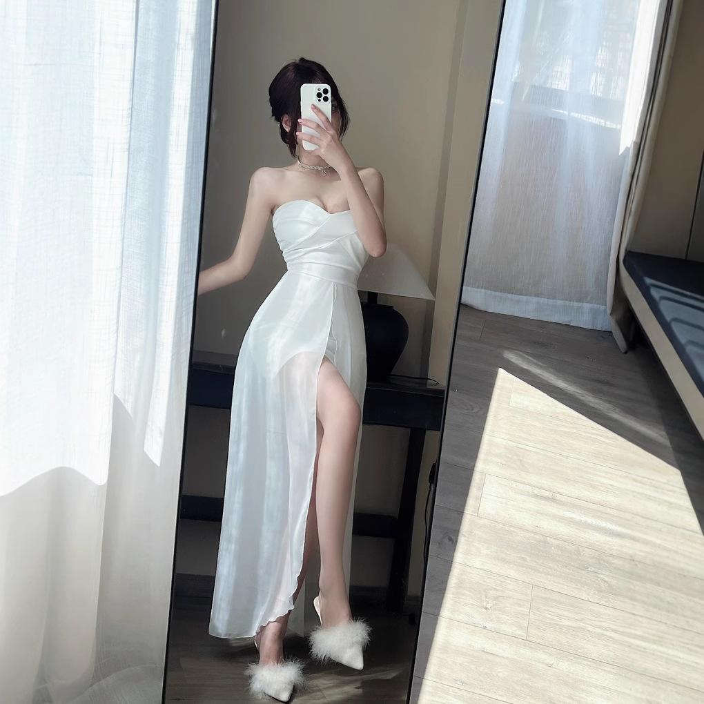 Temperament celebrity pure desire sexy mesh splicing tube top long primer dress nightclub overalls