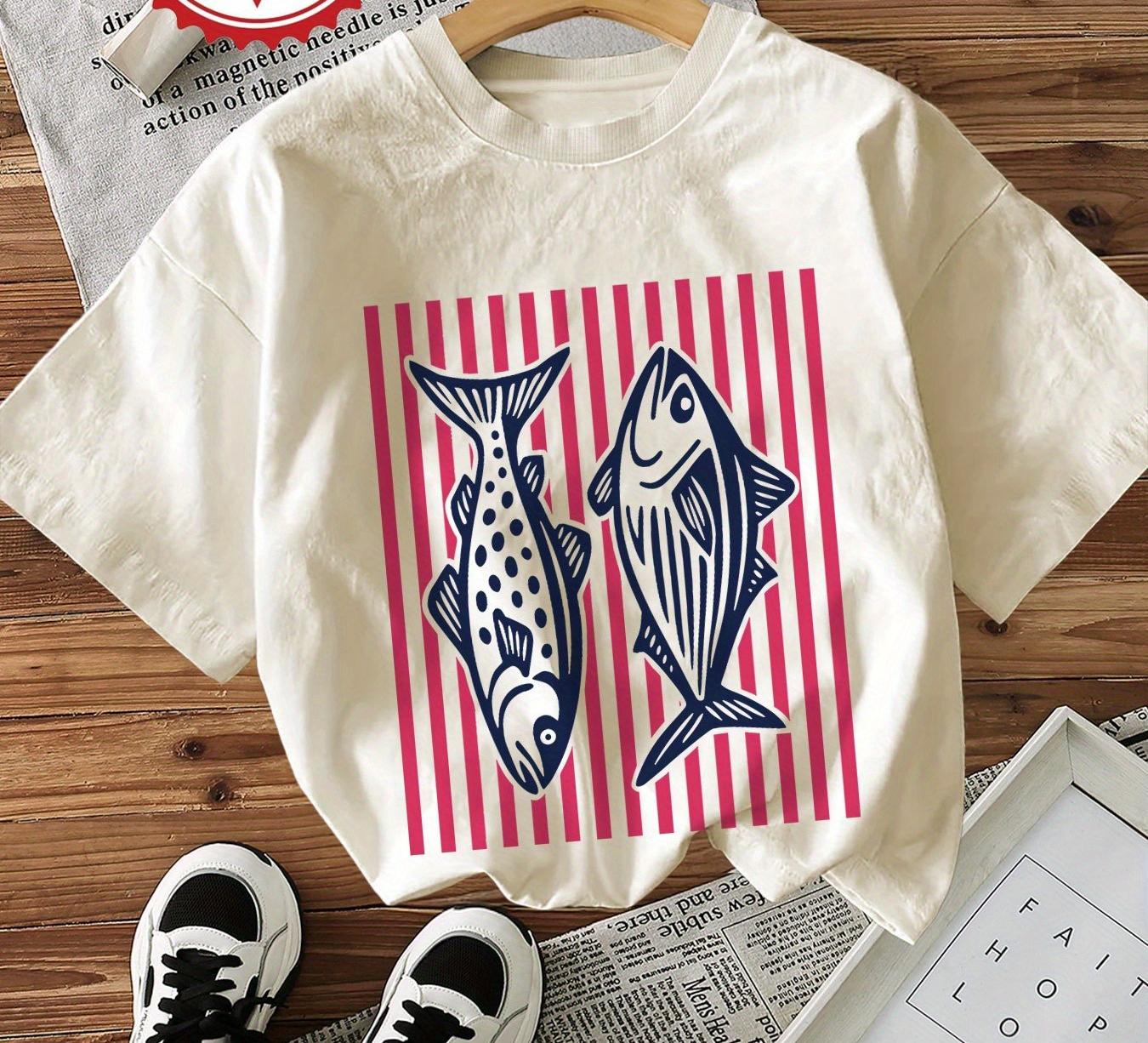 

Men Womens Casual TShirt with Ocean Inspired Fish and Stripes Print Crew Neck Short Sleeve Soft Comfortable Summer Clothing 3XL