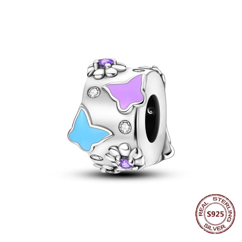 Butterfly Charm copper Authentic Pink Blue Zircon Fly Butterflies Safety Chain Clip Charm Bead Charms Compatible With Bracelets Do It Yourself Jewelle