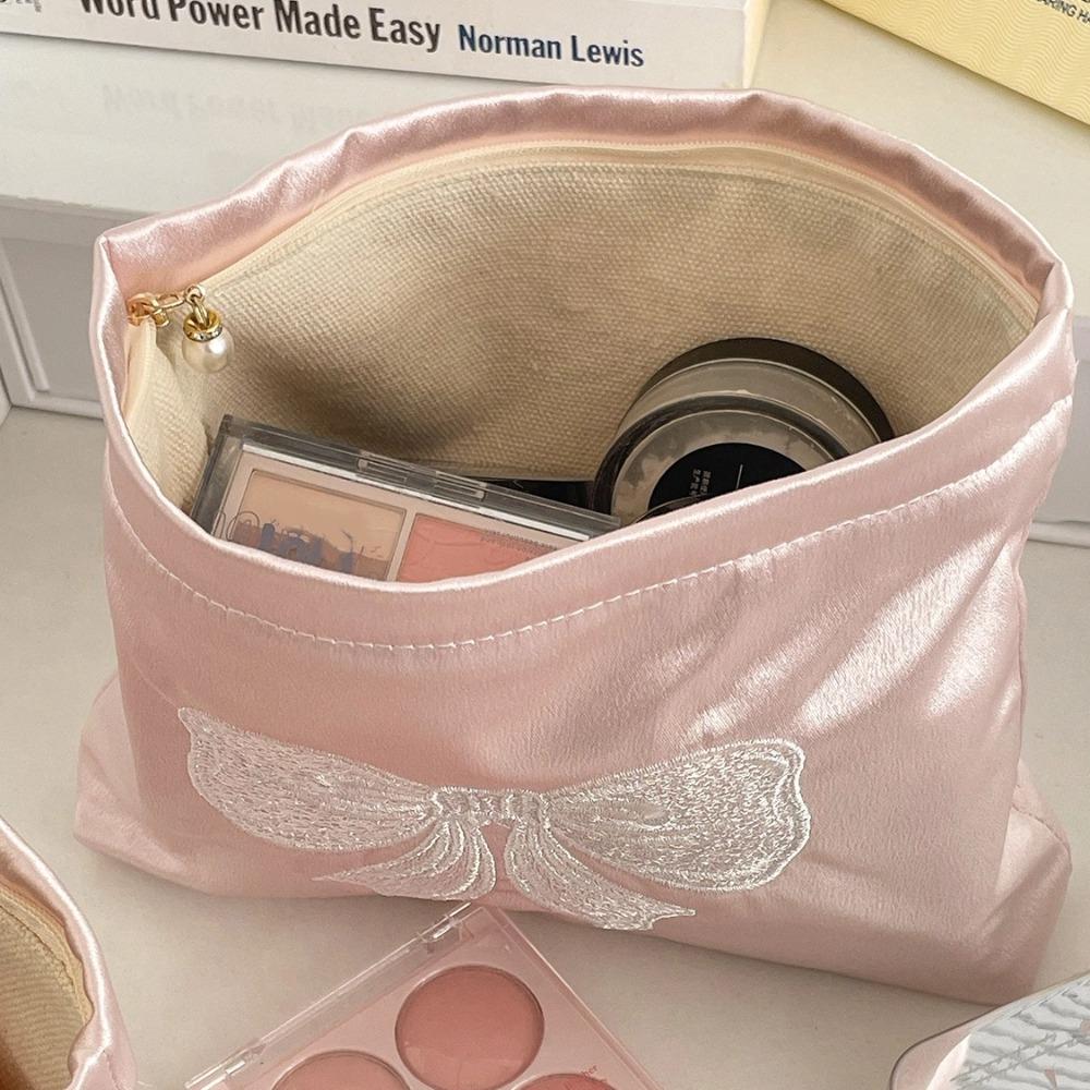 Cute Pink Bow Makeup Bag Pearl Zipper Handbag Toiletry Storage Pouch Bow Embroidery Cosmetic Bag Travel