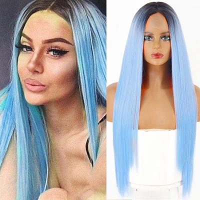 Perucă Albastră Păr Lung Drept pentru Femei Albastru Deschis Păr Drept 30 Inch Perucă Culoare Gradient la Mijloc Cosplay Utilizare Zilnică