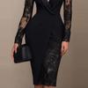 2026 Solid Color Lace Patchwork Lapel Dress – Long Sleeve, Waist-Cinching Casual Suit for Europe & America