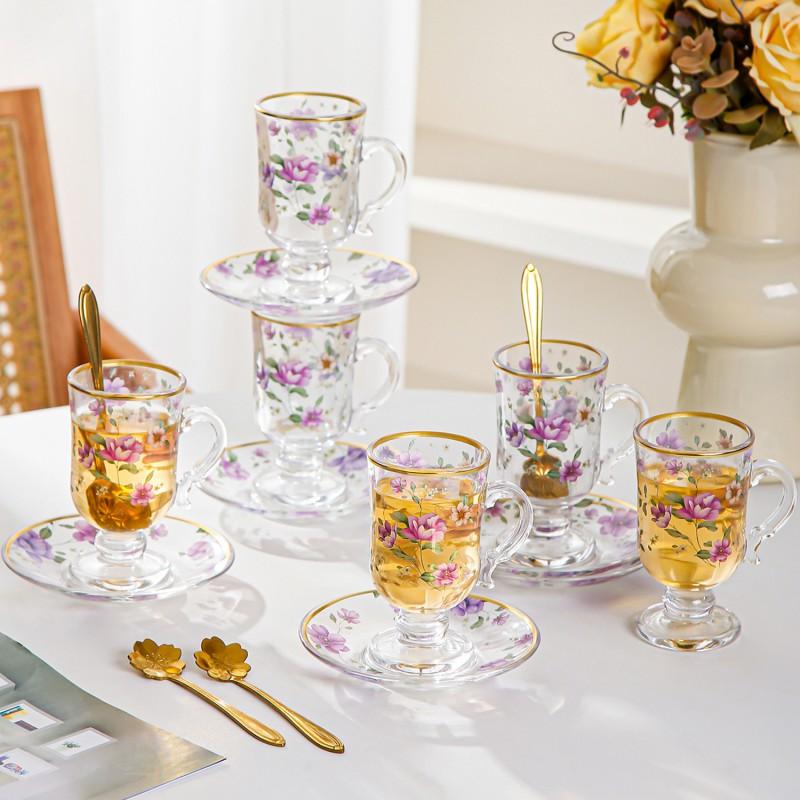 French Vintage Floral Glass Coffee Cup Set 120ml Heat Resistant Tea Milk Latte Home Office Use