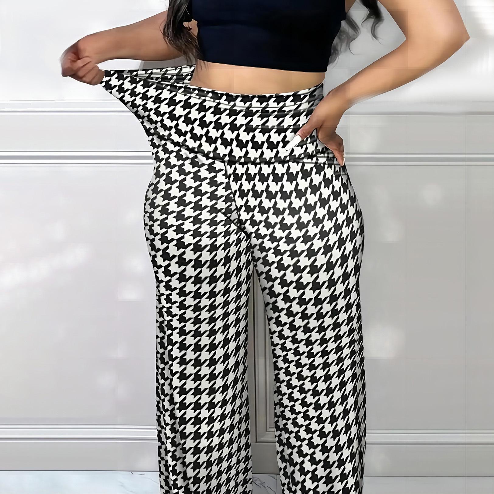 

Plus Size Houndstooth High Waist Skinny Straight Leg Pants for Autumn/Winter 3XL чёрный