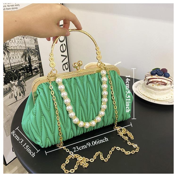 Fashion Women Orange Green Shoulder Bags Prom Clutch Pearl Chain Crossbody Bags Female Chic Totes Pu Leather Handbags And Purse