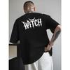 European Size Men'S Witch Graphic T-Shirt - Bright Yellow with Black Gothic Lettering - Loose-Fitting Breathable Summer Tee, Perfect for Halloween