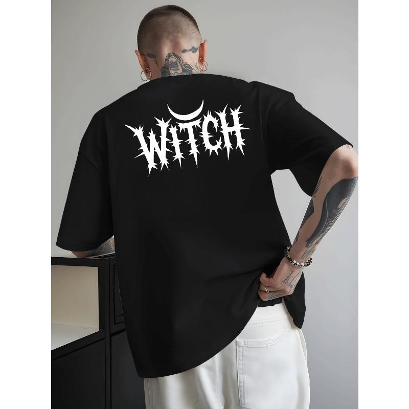

European Size Men S Witch Graphic T-Shirt - Bright Yellow with Black Gothic Lettering - Loose-Fitting Breathable Summer Tee, Perfect for Halloween 4XL