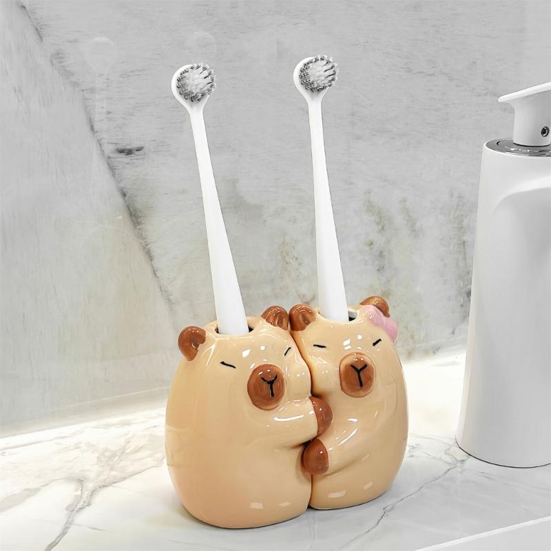 2Pack Ceramic Capybaras Toothbrush Holder Set For Couple Cute Animal Shapeds Bathroom Countertop Organizers
