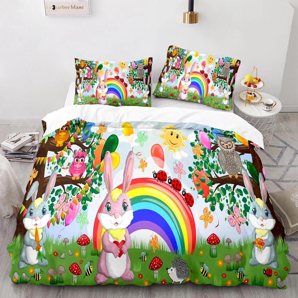Rabbit Rainbow King Queen Duvet Cover Cartoon Animals For Children Boys Girls Easter Green Polyester Quilt Cover Bedroom Decor