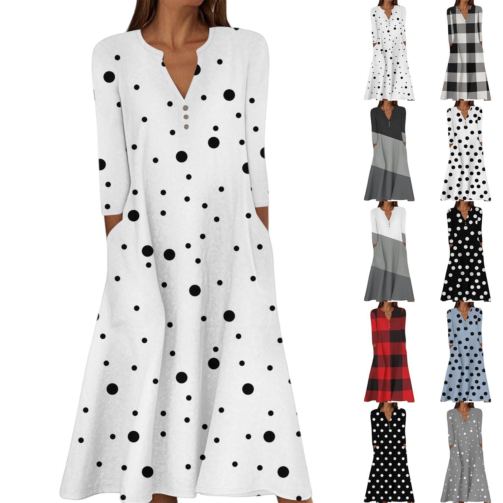 

Women s Summer Casual V-Neck Button Retro Polka Dot Print Three-quarter Sleeve Long Dress With Pockets L чорний