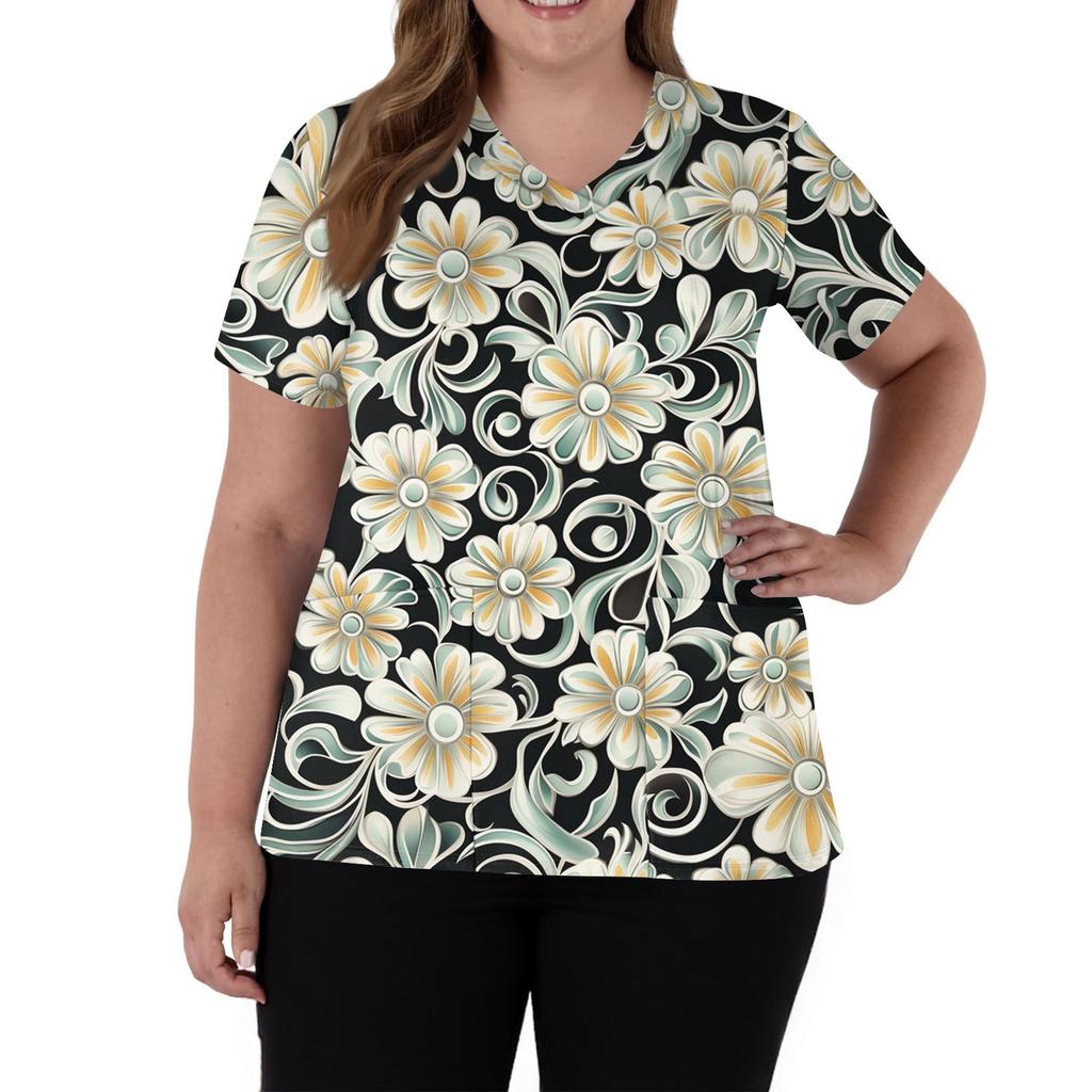 Women's Fashion V-Neck Short Sleeve Overalls With Pockets Print Tops Clothes