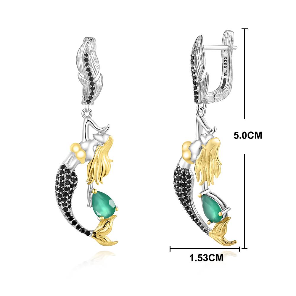 Gorgeous mermaid-shaped design paired with natural green agate gems ring Earrings Set 925 silver fine jewelry for women and girl