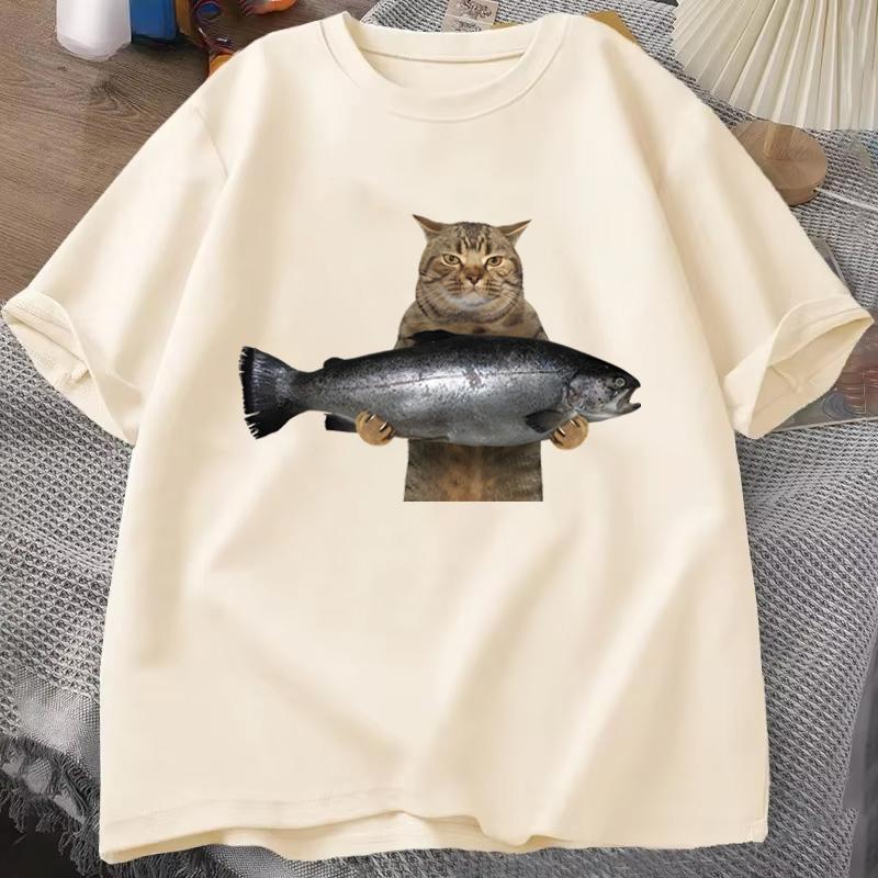 Unisex Unisex Fish Funny Meme Cat Meme T Shirts Tops Summer Short Sleeve TShirt O Neck Humor Tshirt Unisexs Clothes Graphic Y2K