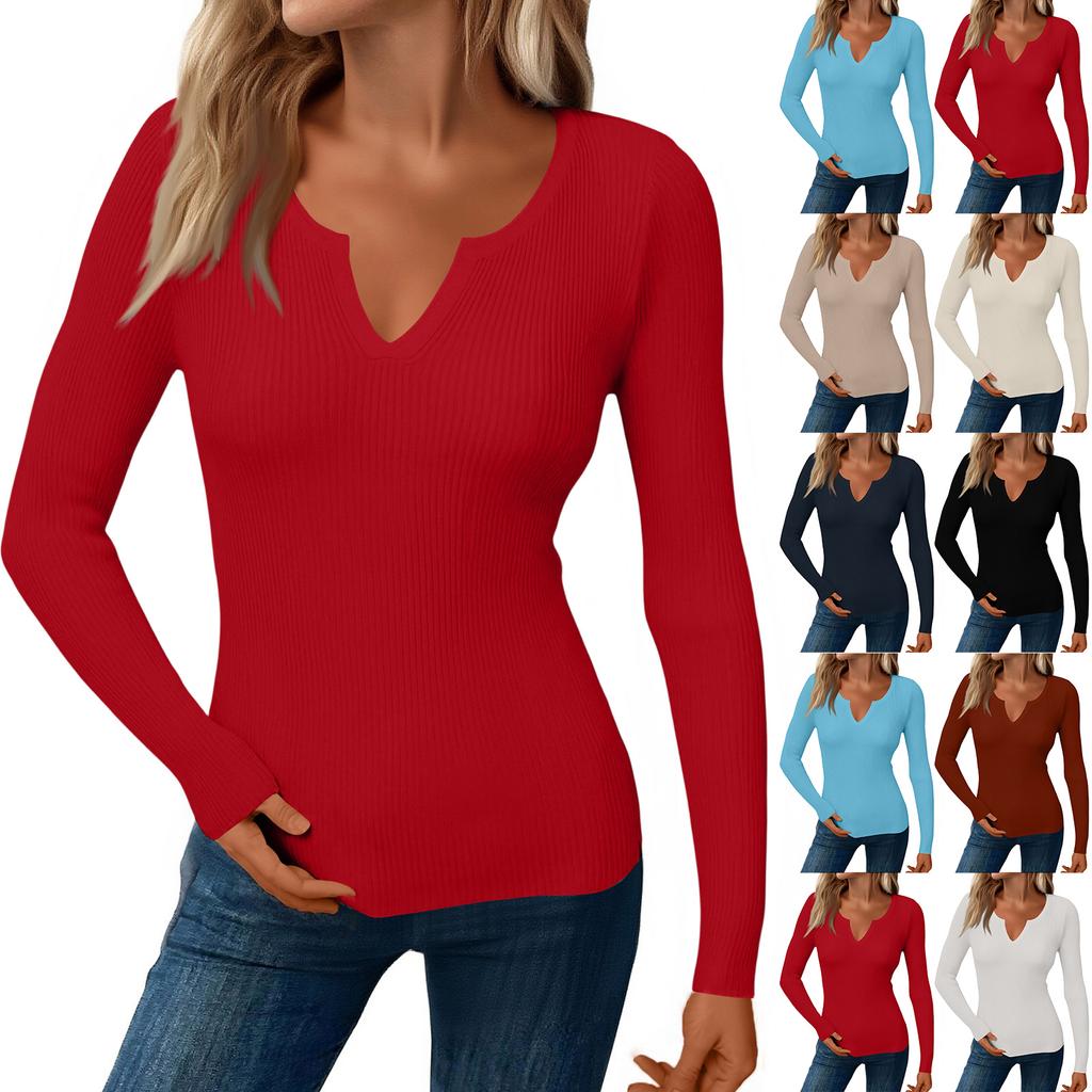 Women's Casual Solid Color V Neck Slim Button Knit Sweater Long Sleeved Base Sweater Sweater