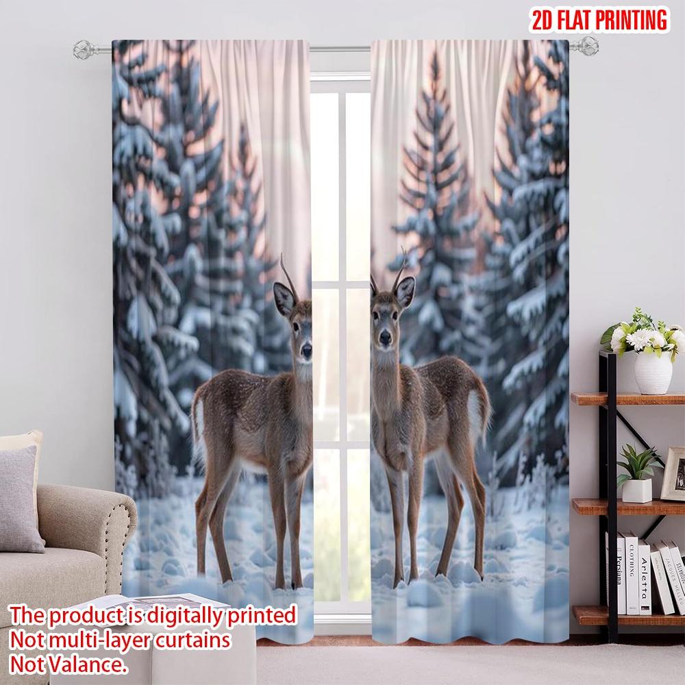 

2pcs 2D flat printing Christmas Drapes Forest deer Versatile 100% Polyester Without Electricity Spring Perfect for Holiday 100*130 Grommet Top 1pcs