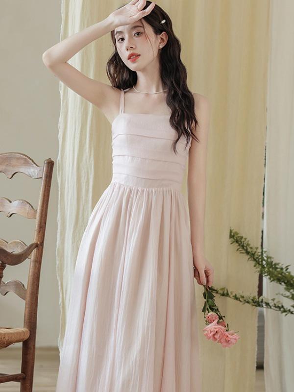 Women's Pink Fairy Mori-Style Sleeveless Long Camisole Dress for Summer Beach Vacation