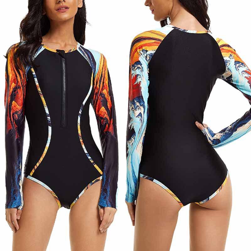 

Гоночный купальник европейский и американский новый модный принт с принтом мяса, консервативный и тонкий солнцезащитный костюм с молнией и длинным рукавом для серфинга, женский купальник XXL