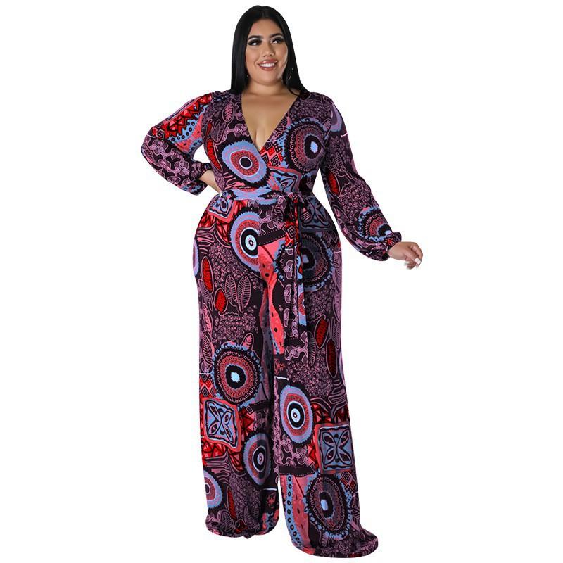 Womens Plus Size Printed Long Sleeve Jumpsuit 2025 Soft Milk Silk Knit Wide Leg Straight Cut Comfortable Outfit Casual Daily Wear