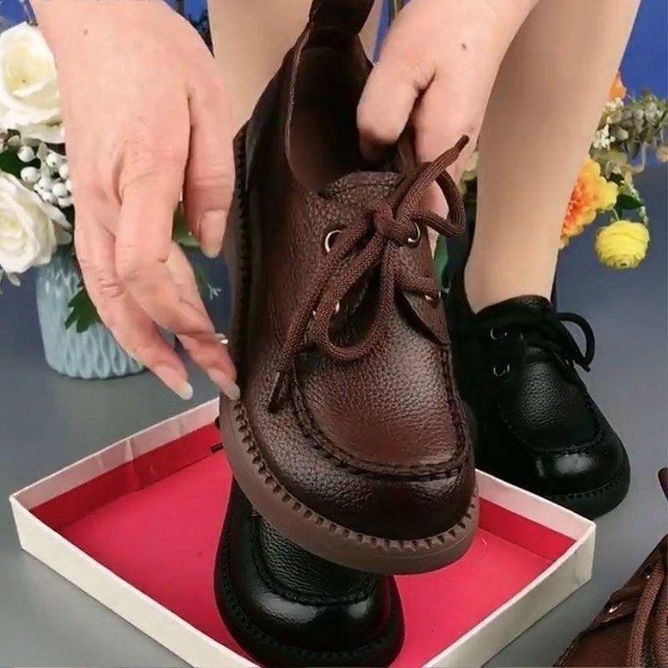 Sko i skinn, mammas sko, snøresko, damesko 2025 nye damesko kontorarbeider mammas sko avslappet allsidig plattform enkeltsko