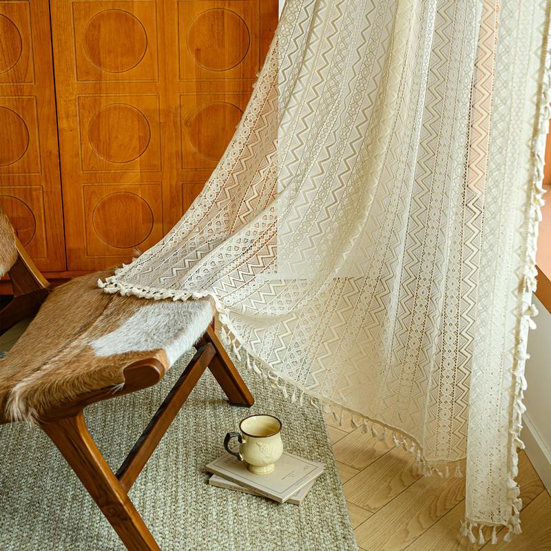 French Translucent Curtains Bohemian Style Hollow Lace Fabric Four Season Universal Living Room Decoration Drapes Vintage Tassel Fabric Curtain