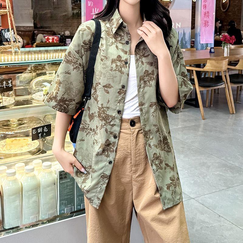 Summer New Green Women's Short Sleeved Chic Printed Loose Single Breasted Jacket Retro Versatile Ladies Shirt