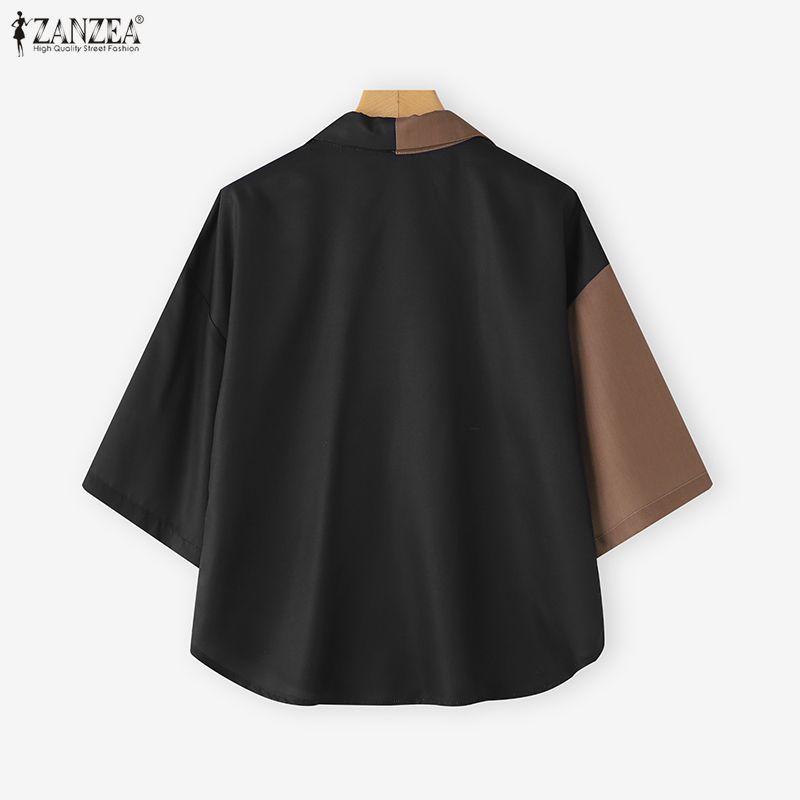 ZANZEA Women Casual Turn Down Collar Loose Short Sleeve Patchwork Blouse
