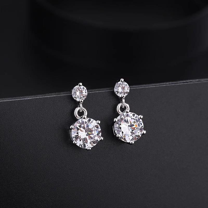 Women Inlaid Shining Zircon Double Zirconia Sterling Silver Pin Geometric Fashion Earrings