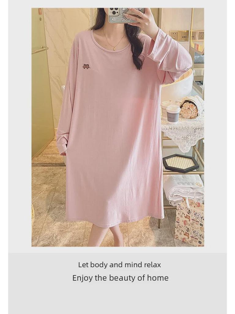 Modales Langarm-Nachthemd mit Brustpolstern für Damen in großen Größen