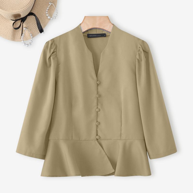 

ZANZEA Women V-Neck Loose Solid Color Casual 3/4 Sleeve Blouse 5XL хаки