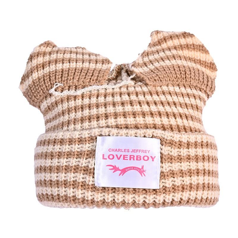 Damen Gestrickte Mütze mit Ohrenklappen und Streifen Niedliche Katze Ohrenschützer Mütze Winterlich Warm Weich Pullover Mütze