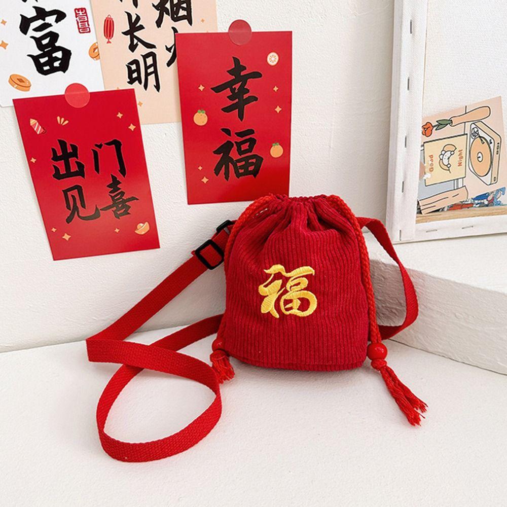 Chinese Style New Year Drawstring Bag Crossbody Fu Embroidered Bag Kid's Bag