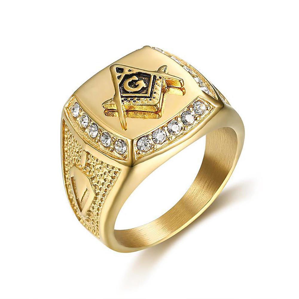 Hip Hop Freimaurer Ring für Männer 316L Edelstahl Iced Out Bling CZ Kristall Freimaurer Ringe Goldfarbe Mode Amulett Schmuck