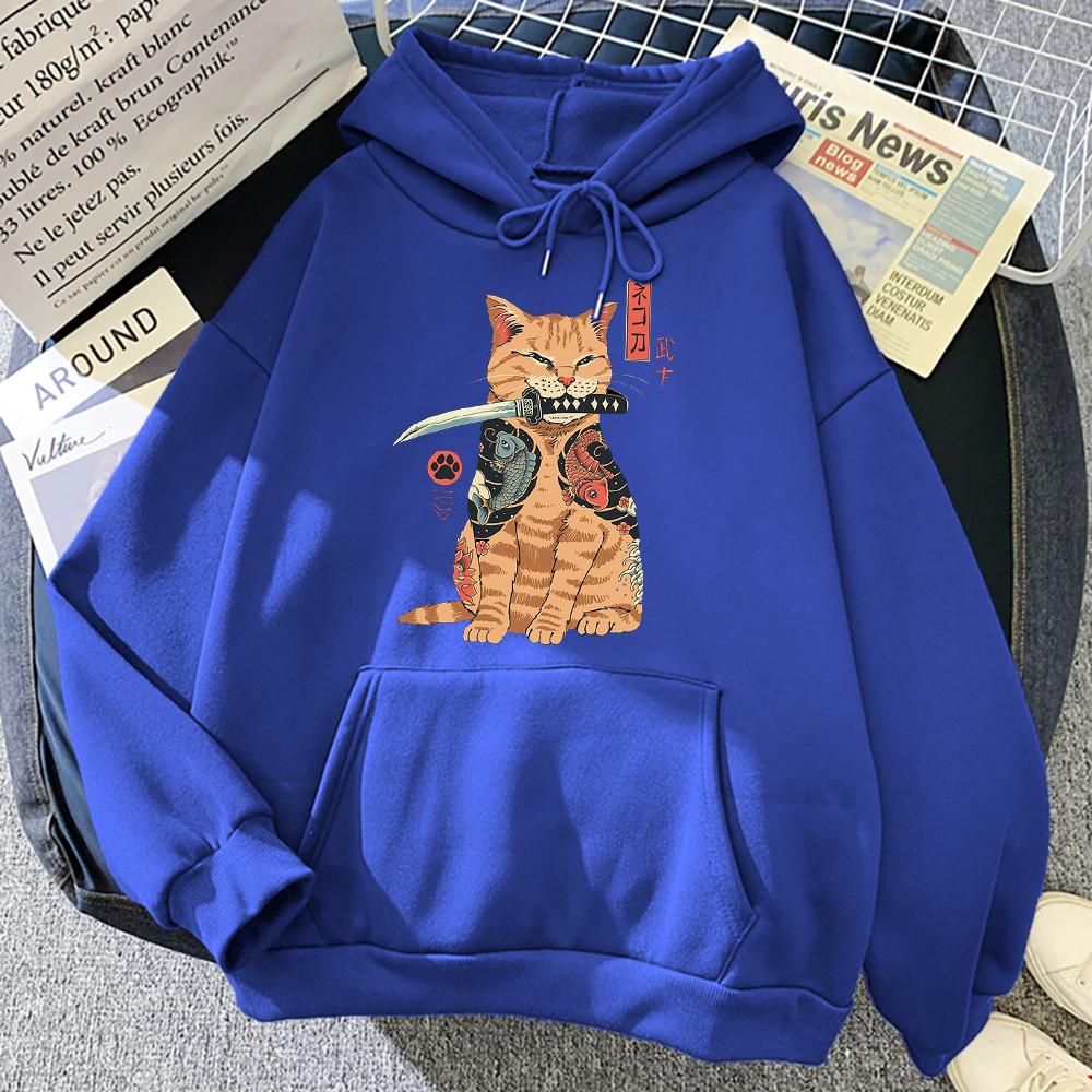 Japanese Cartoons Cat Ukiyo E Print Women Hoodie Hip Hop Fleece Pullovers Creativity Crewneck Clothing Fleece Loose Womens Hoody