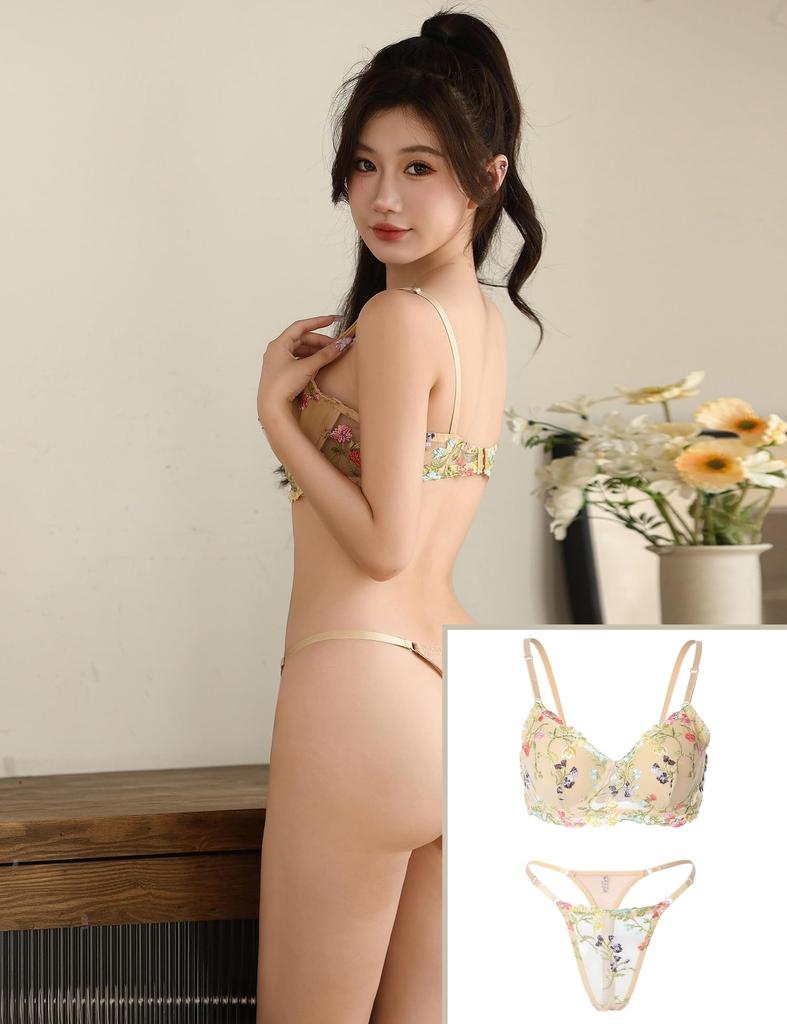 ohyeahlady Embroidered Bra and Panty Plus Elegant Mesh Elegant Sexy Size 2XL Women's Set, Size, Lingerie, Pants, Yellow,