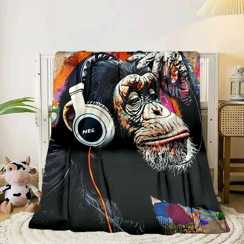 Monkey Music Headphones Blanket Flannel Blanket for bed, sofa, Camping, Hiking, Picnic Essentials, gift for family Fan gifts