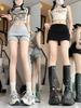 Women's Gray High-Waist A-Line Mini Skirt – Summer Spicy Girl Style, Hip Hugging, Anti-Exposure, Petite Fit.
