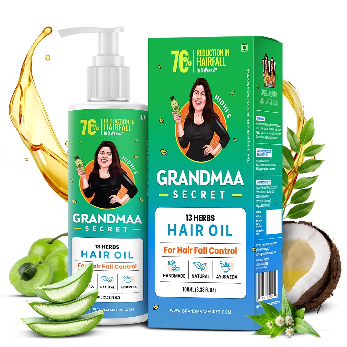 Масло для волос NIDHI S GRANDMAA SECRET 13 Herbs - Масло для волос ручной работы - Масло для контроля выпадения волос для сухих поврежденных волос - 100 мл 100 ml