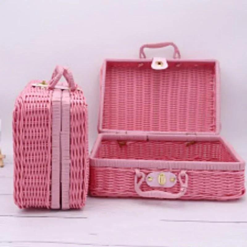 Rattan-like Finishing Box Woven Rattan Basket Retro Storage Box Decorative Props Suitcase with Hand Gift Box