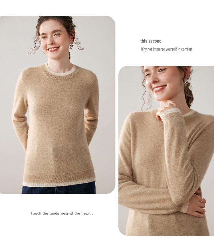 Women's Stylish Color-Block Cashmere Round-Neck Slimming Sweater - Versatile Two-Piece Look