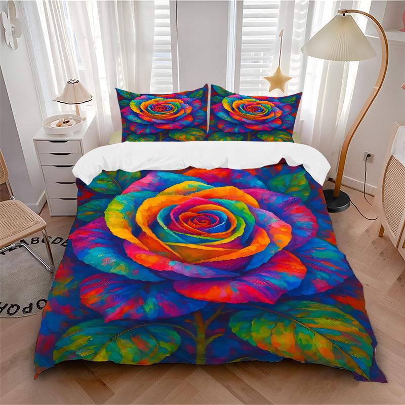 

3pcs Rainbow Rose 1Cover + 2Pillowcases, PillowInserts NotIncluded, Machine Washable, All - Season Use, Suitable for Bedroom Guest Room76 135x200cm