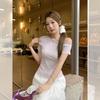 Contrasting stripes sexy slanted shoulder knitted short-sleeved t-shirt women's summer new slim and thin off-the-shoulder top