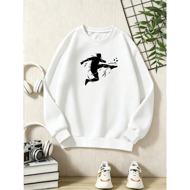 European Sizes Kids' Casual Crew Neck Long Sleeve Sweatshirt, Popular Football Graphic Print, Suitable for Daily Casual, Sports, and Street Outings