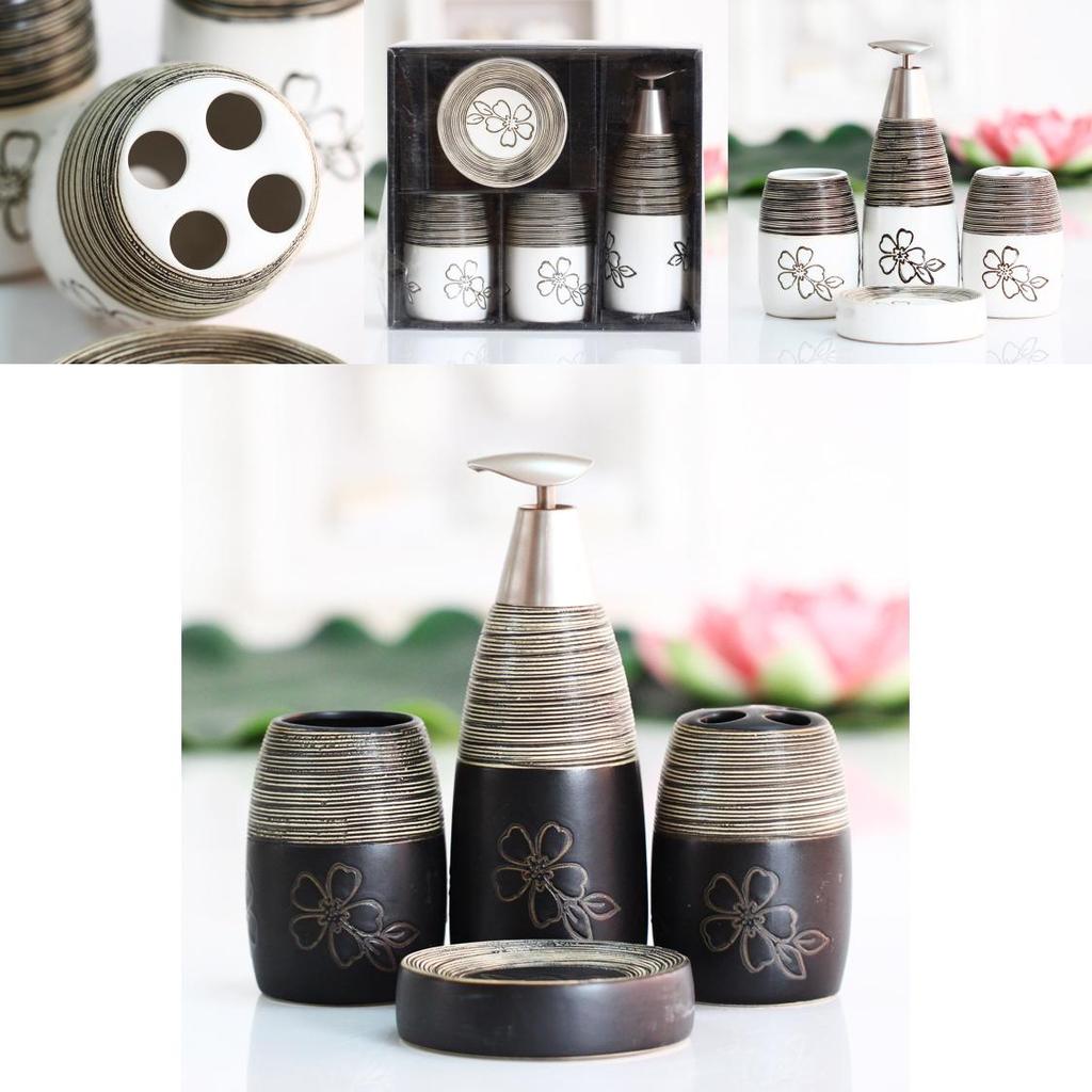 Deluxe Ceramic Bathroom 4piece Set With Floral Design For Gift Giving And Home Use